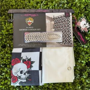 Ed Hardy Black and White Skull and Rose Shower Curtain Set